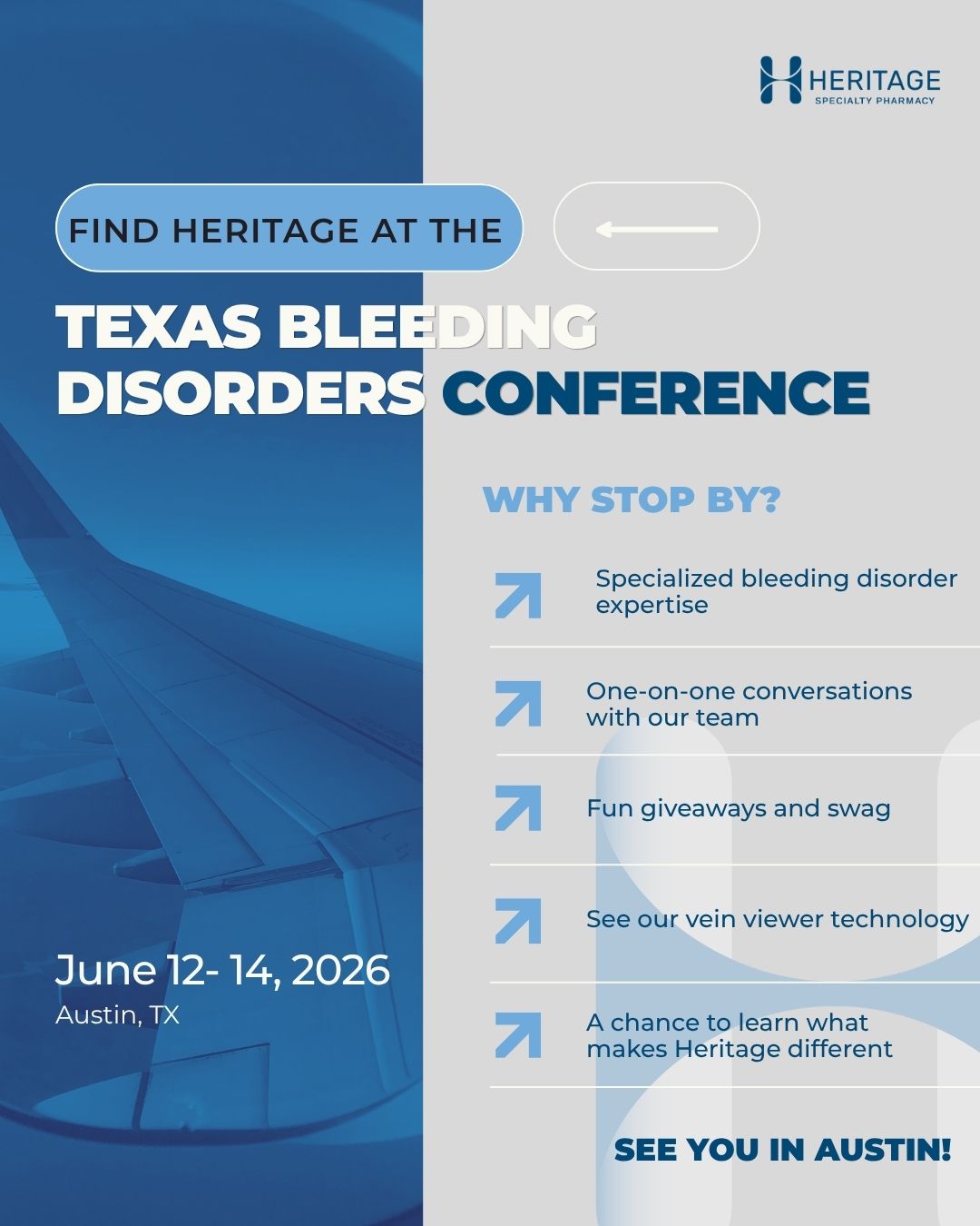 We're headed to Austin! ✈️

If you're attending the Texas Bleeding Disorders Conference, make sure to stop by the Heritage Specialty Pharmacy booth!

We can't wait to meet you. See you in Texas!